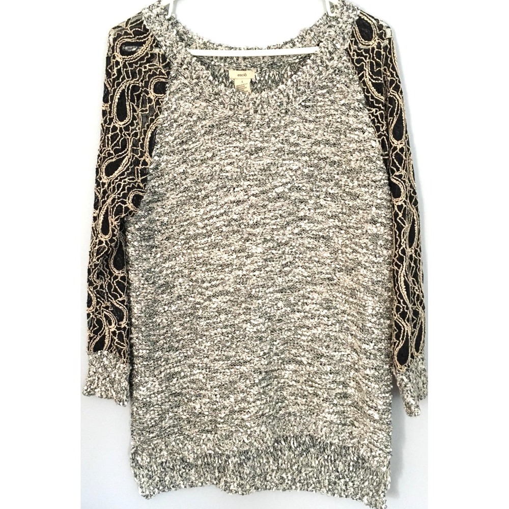 Escio Sweater Womens Large Gray Marled V Neck Black Gold Embroidered Sleeves NWT